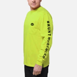 'Brunt' Men's Long Sleeve Brunt Pocket Tee - Hi-Vis Yellow -Travs Outfitter Store Brunt LS Pocket Tee HI VIZ Left Angle
