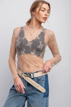 'Easel' Women's Long Sleeve Allover Sheer Top - Nude