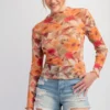 'Easel' Women's Floral Printed Mesh Top - Khaki / Olive (Plus Size)