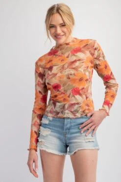 'Easel' Women's Floral Printed Mesh Top - Khaki / Olive (Plus Size)