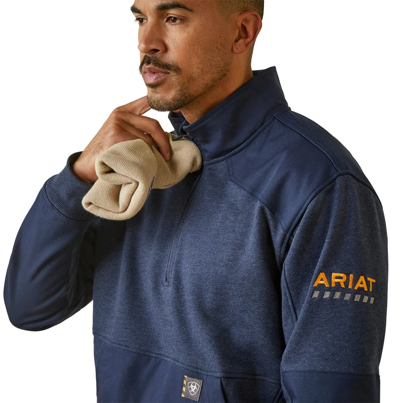 'Ariat' Men's Rebar Workman Duracanvas 1/4 Zip Sweatshirt - Navy Heather / Navy 2 'Ariat' Men's Rebar Workman Duracanvas 1/4 Zip Sweatshirt - Navy Heather / Navy - Image 2