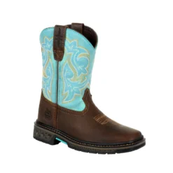 'Georgia Boot' Children's 8" Carbo-Tec Western Square Toe - Brown / Turquoise (Sizes 8.5C-3Y) -Travs Outfitter Store GB00410Y