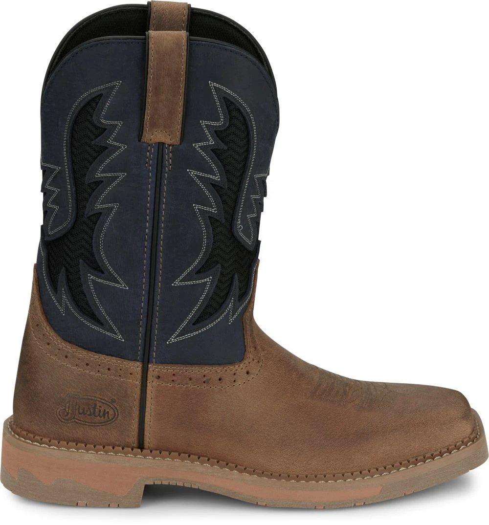 'Justin' Men's 11" Stampede Bolt Western Square Toe - Peanut Tan / Navy 1 'Justin' Men's 11" Stampede Bolt Western Square Toe - Peanut Tan / Navy