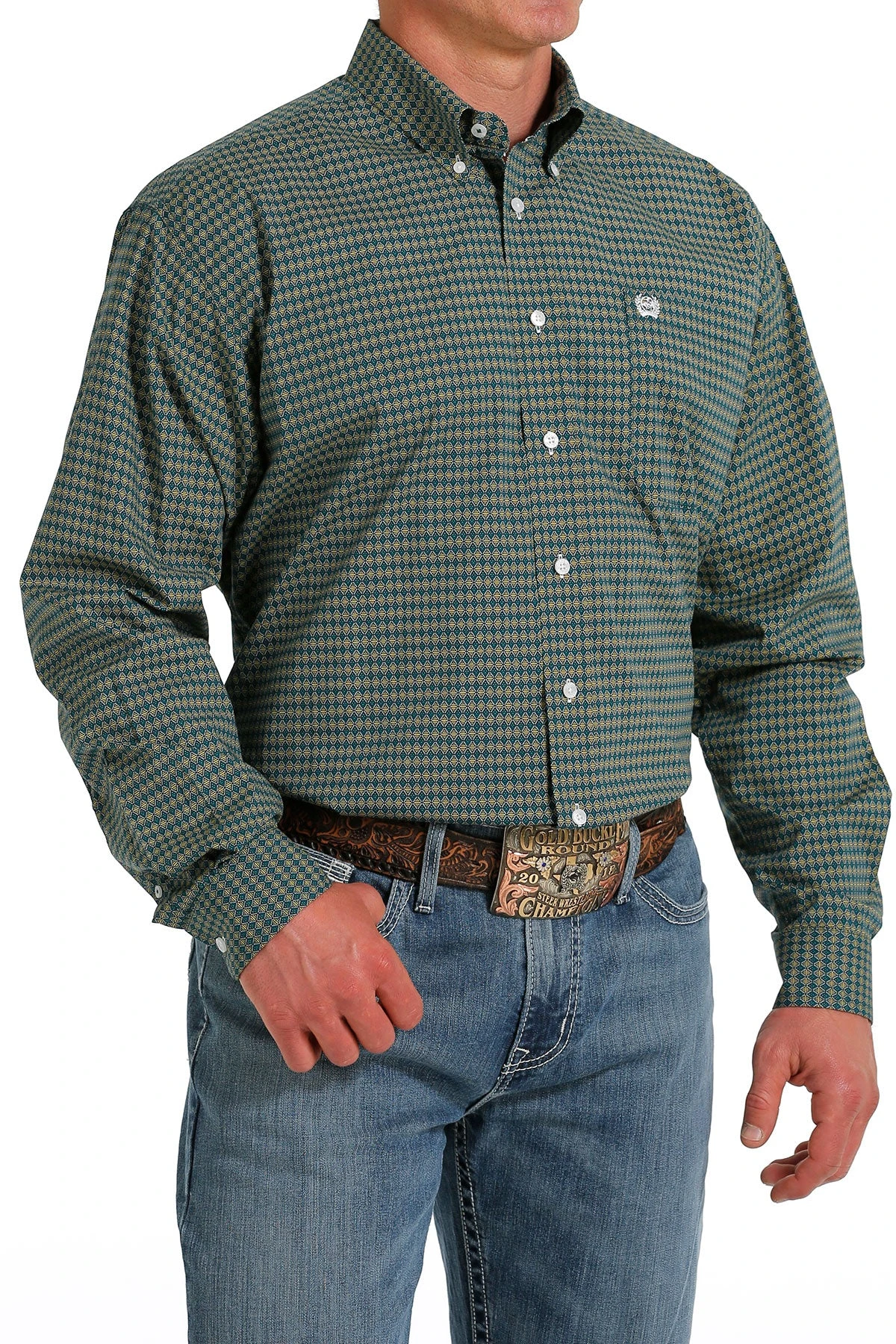 'Cinch' Men's Diamond Print Classic Fit Button Down - Gold / Green 1 'Cinch' Men's Diamond Print Classic Fit Button Down - Gold / Green