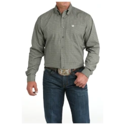 'Cinch' Men's Printed Long Sleeve Button Down Shirt - Olive