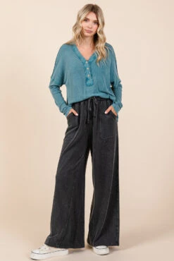 'Mittoshop' Women's Mineral Wash Wide Leg Pants - Ash Black