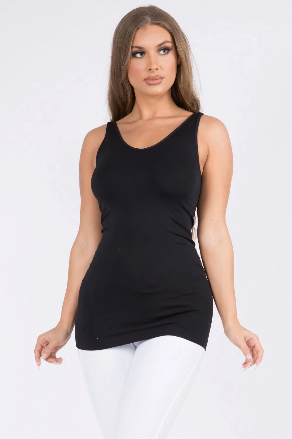 'YELETE' Women's Reversible V/U Neck Tank Top - Black (Plus Size) 1 'YELETE' Women's Reversible V/U Neck Tank Top - Black (Plus Size)