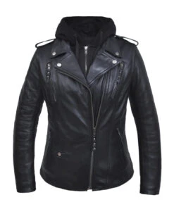 'Unik' Women's 3 In 1 Hoodie Lambskin Leather Jacket - Black