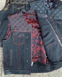 'Unik' Men's Paisley Lined Denim-Leather Vest - Black / Red