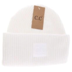 'Cheveux Corp' Women's Solid Ribbed Rubber Patch Beanie - Ivory