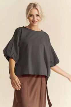 'Davi&Dani' Women's Puff Elbow Sleeve Top - Charcoal (Plus Size)